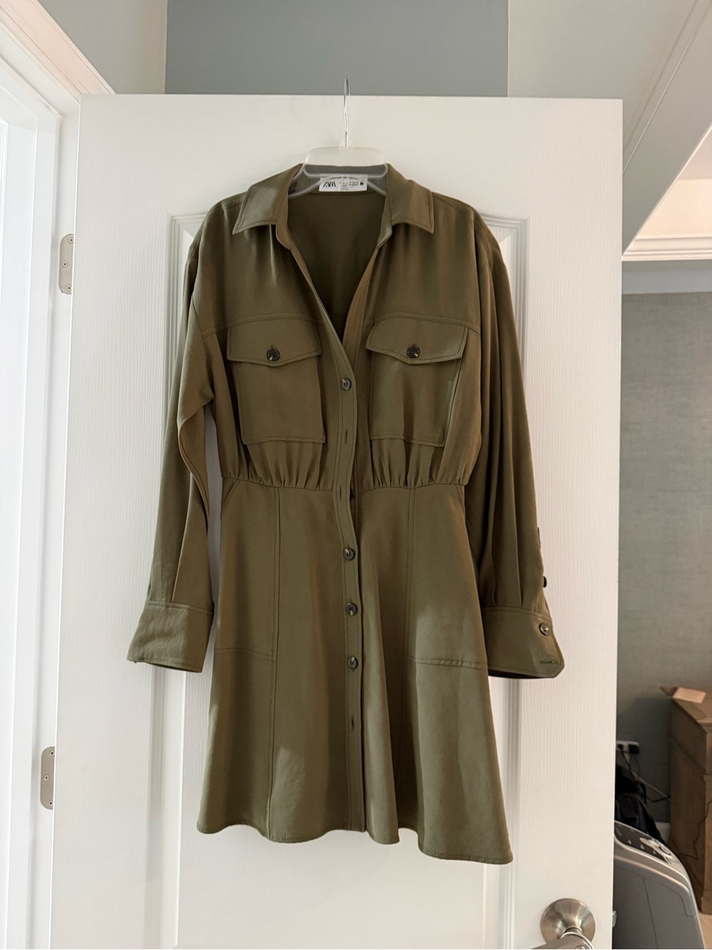 Zara Olive Green Button-Front Long Sleeve Shirt Dress